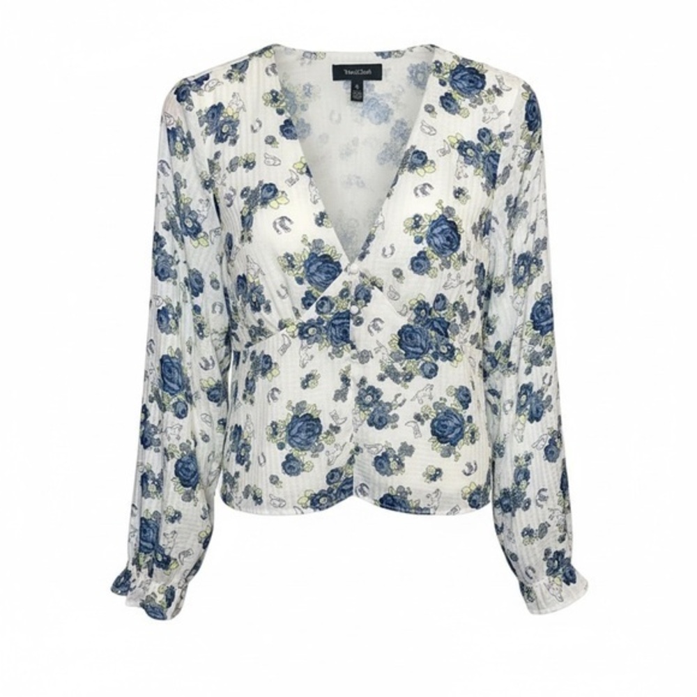 ModCloth Ivory Blue Floral V Neck Peplum Blouse XL Romantic Cottagecore